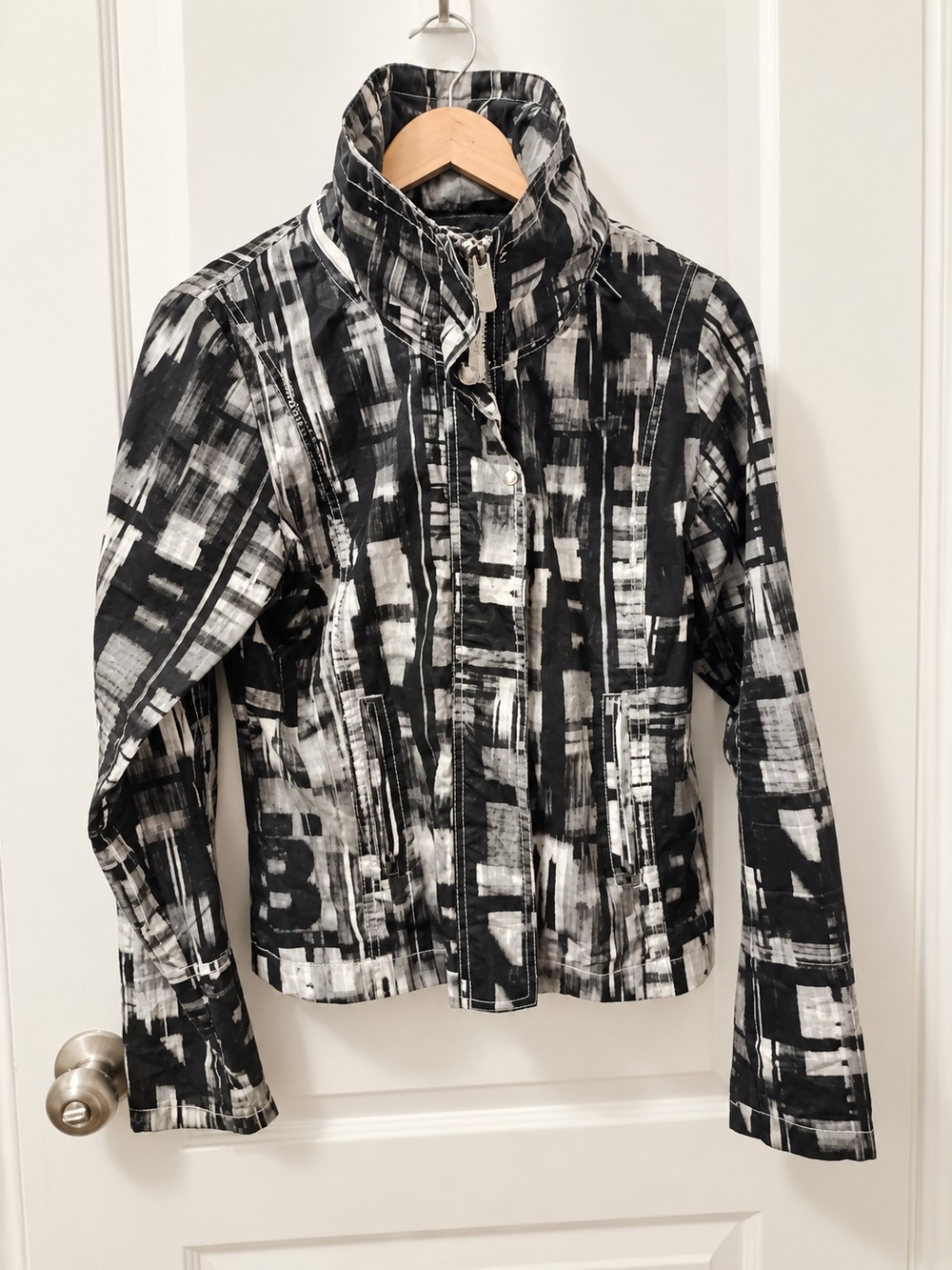 Bench Black & White Abstract Print Leather Jacket